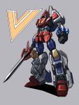  3ok absurdres autobot blue_eyes clenched_hand from_side full_body grey_background highres holding holding_sword holding_weapon looking_down mecha no_humans robot shadow star_saber_(transformers) sword transformers transformers_victory weapon 