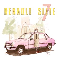  1girl black_ribbon black_socks brown_dress brown_hat car dress hat little_witch_academia looking_at_viewer motor_vehicle one_eye_covered pink_car purple_hair red_footwear renault renault_7 ribbon shadow shiro0909 shoes signature smile sneakers socks solo sucy_manbavaran tree vehicle_focus 