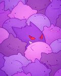  colored_sclera crowded ditto downscaled gengar grin looking_at_viewer lowres no_humans paid_reward_available pokemon pokemon_(creature) purple_fur purple_theme red_sclera resized rii_abrego smile solid_circle_eyes transformed_ditto violet_eyes 