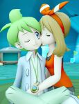 1boy 1girl brown_hair couple female green_hair haruka_(pokemon) kiss kissing_cheek male may_(pokemon) mitsuru_(pokemon) pokemon pokemon_oras wally_(pokemon)