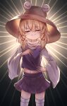  1girl absurdres black_background blonde_hair closed_eyes closed_mouth commentary_request facing_viewer highres long_sleeves moriya_suwako navel purple_skirt sidelocks skirt smile solo thigh-highs touhou tsubakipan turtleneck white_thighhighs wide_sleeves 
