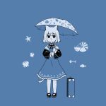  1girl :3 animal_ears blue_theme cat_ears cat_girl cat_tail dress fish fish_skeleton full_body highres holding holding_umbrella jacket jellyfish long_sleeves looking_at_viewer mary_janes monochrome nautilus_(animal) neck_ribbon off_shoulder open_clothes open_jacket pantyhose pinafore_dress ribbon sano_(chappy) sayo_(voicevox) shoes short_hair simple_background sleeveless sleeveless_dress smile solo standing starfish suitcase tail umbrella umbrella_over_shoulder voicevox 