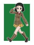  1girl black_eyes black_hair blunt_bangs blunt_ends bob_cut boots brown_footwear brown_jacket chi-hatan_military_uniform closed_mouth commentary girls_und_panzer green_background jacket knee_boots long_sleeves looking_at_viewer military_uniform miniskirt nishihara_yasoko outline pleated_skirt salute short_hair skirt smile solo takahashi_kurage textless_version uniform walking white_outline yellow_skirt 