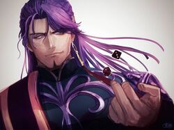  1boy dice doumu_(airen) duryodhana_(fate) duryodhana_(fate)_(third_ascension) earrings facial_hair fate/grand_order fate_(series) goatee jewelry long_hair male_focus purple_hair smile violet_eyes 