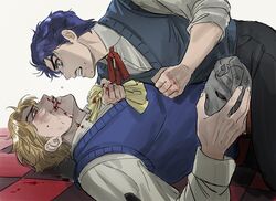  2boys angry bleeding blonde_hair blood blood_on_clothes blood_on_face blood_on_hands blue_eyes blue_hair bustersiri clenched_hands clenched_teeth crying dio_brando fighting holding holding_mask injury jojo_no_kimyou_na_bouken jonathan_joestar licking_lips lying male_focus mask multiple_boys on_back on_ground pants phantom_blood red_eyes shirt shirt_grab simple_background stone_mask_(jojo) sweater_vest tears teeth toned toned_male tongue tongue_out white_background yellow_eyes 