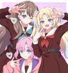  3girls :d ;) anyoji_hime aqua_neckerchief blonde_hair blue_eyes blue_hair blunt_bangs border brown_dress brown_hair closed_mouth commentary_request dress fang flower fujishima_megumi gradient_hair hair_flower hair_ornament hasu_no_sora_school_uniform heart highres hood hooded_jacket jacket light_blue_hair link!_like!_love_live! long_hair long_sleeves love_live! mira-cra_park! multi-tied_hair multicolored_hair multiple_girls neckerchief one_eye_closed open_clothes open_jacket open_mouth osawa_rurino outside_border parted_bangs pink_background pink_flower pink_hair pink_jacket pleated_dress ponytail red_neckerchief sailor_collar sailor_dress school_uniform sidelocks smile swept_bangs twintails two_side_up v violet_eyes virtual_youtuber w white_border white_sailor_collar winter_uniform yamanju yellow_neckerchief 