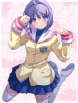  1girl :o akayama_yukihe blazer blue_eyes blue_skirt blunt_ends blush bob_cut border clannad commentary_request eyes_visible_through_hair fujibayashi_ryou hair_between_eyes hair_intakes hair_ribbon hands_up highres hikarizaka_private_high_school_uniform jacket kneeling knees_out_of_frame loafers looking_at_viewer medium_hair miniskirt open_mouth paw_pose pink_background pleated_skirt purple_hair ribbon sailor_collar school_uniform serafuku shoes simple_background skirt sleeves_past_wrists solo tareme thigh-highs tress_ribbon w_arms white_border white_footwear white_ribbon white_sailor_collar white_thighhighs yellow_jacket zettai_ryouiki 
