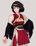  1girl bare_shoulders black_hair brown_eyes commentary detached_sleeves english_commentary eva_smith grey_background highres japanese_clothes looking_at_viewer original pleated_skirt red_skirt sash short_hair simple_background skirt solo standing 