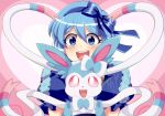  1girl blue_bow blue_dress blue_eyes blue_hair blue_hairband bow claire_elford crossover dress hair_bow hairband heart heart_background holding holding_pokemon key_rhymee light_blush open_mouth pink_background pokemon pokemon_(creature) puffy_short_sleeves puffy_sleeves short_hair short_sleeves smile sylveon teeth twitter_username upper_body upper_teeth_only witch&#039;s_heart 