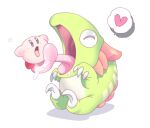  2others chameleo_arm claws colored_skin flying_sweatdrops grabbing green_skin heart kirby kirby_(series) kirby_super_star multiple_others prehensile_tongue saliva simple_background speech_bubble spoken_heart white_background yundeyuu 