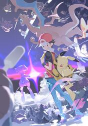 1boy arbok backpack bag beedrill black_shirt blastoise brown_eyes butterfree charizard clefable closed_mouth e_volution hat holding_strap looking_back male_focus mankey mew mew_(pokemon) nidoking night outdoors pants pidgeot pikachu pokemon pokemon_(creature) pokemon_frlg poliwhirl psyduck red_(pokemon) red_hat shirt shoes short_hair sky smile snow standing t-shirt tent tree vest wristband yellow_bag