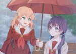  2girls :d aqua_eyes bench blue_eyes blue_hair blue_ribbon brown_cardigan brown_dress cardigan closed_mouth commentary_request crossed_bangs dark_blue_hair dress grey_sky hair_ornament hair_ribbon hasu_no_sora_school_uniform hinoshita_kaho holding holding_umbrella link!_like!_love_live! long_hair long_sleeves looking_at_another love_live! low_twintails medium_hair mole mole_on_neck multiple_girls murano_sayaka neckerchief nogreen open_cardigan open_clothes open_mouth orange_hair pleated_dress rabbit_hair_ornament rain red_neckerchief red_umbrella ribbon sailor_collar sailor_dress scene_reference school_uniform sky smile split_mouth twintails two_side_up umbrella virtual_youtuber white_sailor_collar winter_uniform wooden_bench 