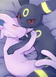  alttla0 blush closed_eyes closed_mouth commentary_request cuddling espeon glowing_markings looking_at_viewer lying no_humans on_side pokemon pokemon_(creature) red_eyes smile umbreon 
