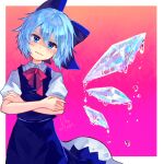  1girl artist_name blue_bow blue_dress blue_eyes blue_hair border bow bowtie cirno collared_shirt commentary_request crossed_arms detached_wings dress dripping glaring gradient_background hair_between_eyes head_tilt ice ice_wings looking_at_viewer outside_border pinafore_dress puffy_short_sleeves puffy_sleeves red_bow red_bowtie shaded_face shirt short_hair short_sleeves sleeveless sleeveless_dress solo touhou ukumituki upper_body white_border white_shirt wings 