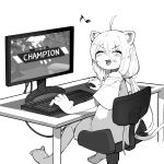 1girl ^_^ absurdres ahoge animal_ears apex_legends barefoot blush chair closed_eyes commentary_request english_text fang greyscale hair_between_eyes highres hololive keyboard_(computer) lion_ears low_twintails mato_(target5260) monitor monochrome mouse_(computer) open_mouth playing_games shirt shishiro_botan shishiro_botan_(casual) simple_background sitting smile solo tail twintails virtual_youtuber 