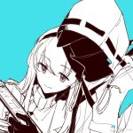  1girl 1other ambiguous_gender aqua_background arknights doctor_(arknights) greyscale hairband highres hood hood_up hooded_jacket jacket leaning_on_person long_hair mask monochrome mulberry_key priestess_(arknights) sweater turtleneck turtleneck_sweater upper_body weibo_watermark 