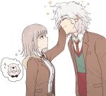  1boy 1girl arm_up bond_(spy_x_family) brown_jacket brown_necktie collared_shirt danganronpa_(series) danganronpa_3_(anime) dog dress_shirt from_side gradient_hair grey_hair headpat hope&#039;s_peak_academy_school_uniform jacket kmnm_1403 komaeda_nagito long_sleeves medium_hair messy_hair multicolored_hair nanami_chiaki neck_ribbon necktie official_alternate_costume red_ribbon ribbon school_uniform shirt shirt_tucked_in sparkle spy_x_family sweater_vest white_shirt 