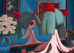  blurry blurry_background colored_skin different_reflection dress green_hair green_skin gyura hand_to_own_mouth highres kirlia looking_at_mirror mirror pokemon pokemon_(creature) red_eyes reflection smug solo white_dress white_skin 