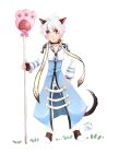  1boy :/ animal_ears arch_bishop_(ragnarok_online) balloon black_choker black_footwear black_gloves blue_coat blue_eyes cat_boy cat_ears cat_tail choker closed_mouth coat commentary_request cropped_jacket dated fingerless_gloves full_body gloves hair_between_eyes holding holding_staff jacket lanmei_jiang long_sleeves looking_at_viewer male_focus medium_bangs medium_hair pants paw_print ragnarok_online shoes signature simple_background solo staff standing tail two-tone_footwear white_background white_footwear white_hair white_jacket white_pants 