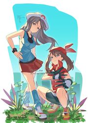  2girls aqua_shirt ariekochan bandana black_shorts blue_eyes breasts brown_eyes brown_hair full_body group_pose hand_on_own_hip hat highres jacket leaf_(pokemon) looking_at_viewer may_(pokemon) medium_breasts multiple_girls pokemon pokemon_frlg pokemon_rse red_bandana red_jacket red_skirt shirt shorts skirt sleeveless sleeveless_shirt squatting twitter_username v w watermark white_hat 