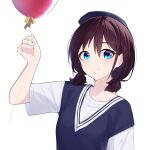  1girl balloon blue_eyes blue_hat blue_sweater_vest blush brown_hair chinese_commentary closed_mouth collarbone commentary_request girls_band_cry hair_between_eyes hat highres iseri_nina low_twintails shirt short_hair short_sleeves short_twintails simple_background solo sweater_vest twintails upper_body white_background white_shirt yun_cao_bing 