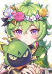  1girl ahoge blush breasts capelet closed_mouth collei_(genshin_impact) commentary cuilein-anbar_(genshin_impact) earrings flower_wreath genshin_impact green_capelet green_hair highres jewelry looking_at_viewer maruyama_en medium_breasts portrait smile solo violet_eyes 
