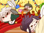  1girl 2boys ahoge apron argyle_background black_eyes black_pants blunt_bangs blunt_ends brown_footwear brown_hair buttons cable carpet chibi collared_shirt commentary_request cup danganronpa_(series) danganronpa_2:_goodbye_despair eyelashes food furrowed_brow garland_(decoration) green_jacket green_necktie hinata_hajime holding holding_plate hood hood_down hooded_jacket indoors jacket juice komaeda_nagito light_blush long_hair lying mole mole_under_eye motion_lines multiple_boys necktie o_o on_stomach open_clothes open_jacket open_mouth orange_juice pale_skin panicking pants pink_shirt plate pocket puffy_short_sleeves puffy_sleeves purple_hair shirt shoes short_hair short_sleeves solid_oval_eyes table tray tripping tsumiki_mikan turkey_(food) turn_pale v-shaped_eyebrows very_long_hair wavy_hair wavy_mouth white_apron white_footwear white_hair white_shirt wooden_floor yellow_background yumaru_(marumarumaru) 