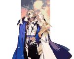  1boy 1girl armor blonde_hair blue_cape breastplate byleth_(female)_(fire_emblem) byleth_(fire_emblem) cape couple cowboy_shot dimitri_alexandre_blaiddyd dress eyepatch fire_emblem fire_emblem:_three_houses fur-trimmed_cape fur_trim hetero holding_hands jewelry kaifei_(kaifei_29) long_hair looking_at_another outside_border pillarboxed ring short_hair smile wedding_ring 