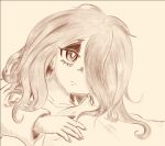  1girl collarbone english_commentary eyeshadow jovel_(user_pajs4547) light_frown little_witch_academia makeup medium_hair messy_hair monochrome pillow portrait solo sucy_manbavaran under_covers waking_up 