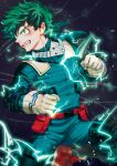  1boy belt black_background boku_no_hero_academia clenched_teeth electricity fighting_stance foot_out_of_frame freckles gloves green_hair green_suit long_sleeves male_focus midoriya_izuku red_belt red_footwear shed1228 short_hair solo suit teeth v-shaped_eyebrows white_gloves 