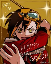  1boy brown_hair character_name close-up ethan_(pokemon) eyewear_on_headwear goggles hand_up happy_birthday highres holding_cue_stick hood hood_down hooded_jacket jacket long_sleeves male_focus open_mouth pokemon pokemon_adventures pokemon_hgss red_jacket seriri222 short_hair smile solo sparkle v-shaped_eyebrows white_hood yellow_background yellow_eyes 