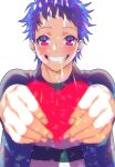  1boy bad_id bad_twitter_id blue_hair blue_shirt grin hands_up heart highres holding holding_heart ichijou_shin inactive_account king_of_prism male_focus open_mouth outstretched_arms pretty_rhythm pretty_series red_eyes shirt short_hair smile solo striped_clothes striped_shirt upper_body white_background zashima 