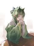  1girl absurdres animal_ears beads blue_bow bow cat_ears chinese_clothes elbows_on_table elyzerda green_hair green_hanfu green_robe hair_beads hair_bow hair_ornament hanfu head_rest highres interlocked_fingers kusuriya_no_hitorigoto maomao_(kusuriya_no_hitorigoto) multi-tied_hair robe solo table violet_eyes wooden_table 