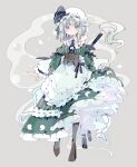  1girl absurdres apron black_corset black_necktie blue_eyes blush corset dress frilled_apron frilled_dress frills full_body green_dress grey_background grey_hair hat highres konpaku_youmu konpaku_youmu_(ghost) long_sleeves looking_at_viewer mob_cap necktie nikorashi-ka petticoat short_hair simple_background skirt_hold solo sword touhou waist_apron weapon white_apron 