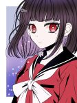  1girl black_hair black_sailor_collar blunt_bangs danganronpa_(series) danganronpa_v3:_killing_harmony earrings hair_ornament harukawa_maki highres jewelry long_sleeves looking_at_viewer medium_hair mole mole_under_eye pale_skin red_eyes red_shirt sailor_collar satori_(aosky9077) school_uniform scrunchie shirt solo twintails 