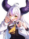  1girl ahoge black_dress blush braid claw_pose demon_horns detached_sleeves dress fangs grey_hair highres hololive horns kimura_mitsuki la+_darknesss la+_darknesss_(1st_costume) long_hair looking_at_viewer multicolored_hair open_mouth pointy_ears purple_hair single_braid sleeveless sleeveless_dress smile solo streaked_hair teeth upper_teeth_only very_long_hair virtual_youtuber white_sleeves yellow_eyes 