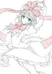  0002koko 1girl absurdres bow dancing dress frilled_dress frills front_ponytail green_eyes hair_bow hair_ribbon highres kagiyama_hina looking_at_viewer puffy_short_sleeves puffy_sleeves red_bow red_ribbon ribbon short_sleeves simple_background smile solo touhou white_background 