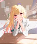  1girl absurdres blonde_hair classroom colored_tips commentary grin gyaru highres indoors kitagawa_marin long_hair looking_at_viewer multicolored_hair necktie red_eyes redhead revision school_uniform shirt smile solo sono_bisque_doll_wa_koi_wo_suru sty teeth tied_shirt uniform white_shirt 