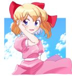  1girl artist_name blonde_hair blue_eyes bow child cyappy1022 dress hair_between_eyes hair_bow happy highres long_bangs mother_(game) mother_2 open_mouth paula_(mother_2) pink_dress short_hair sky smile solo 