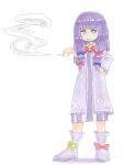 1girl blue_bow blunt_bangs boots bow bowtie bright_pupils cigarette commentary_request cookie_(touhou) dress flat_chest footwear_bow full_body hair_bow hand_on_own_hip holding holding_cigarette kanakamei1 long_hair long_sleeves looking_at_viewer medium_bangs patchouli_knowledge purple_dress purple_hair red_bow red_bowtie sharp_teeth sidelocks simple_background smoke smoking solo standing striped_clothes striped_dress taisa_(cookie) teeth touhou v-shaped_eyebrows vertical-striped_clothes vertical-striped_dress violet_eyes white_background white_pupils yellow_bow 