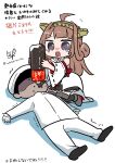  1boy 1girl admiral_(kancolle) ahoge artist_logo black_tea boots bottle brown_hair brown_skirt chibi commentary_request double_bun faceless faceless_male forced_drinking frilled_skirt frills grey_eyes hair_bun headgear highres japanese_clothes kantai_collection kongou_(kancolle) kongou_kai_ni_(kancolle) long_hair lr_hijikata military_uniform naval_uniform nontraditional_miko ribbon-trimmed_sleeves ribbon_trim simple_background skirt solo tea tears thigh_boots translation_request twitter_username uniform white_background 