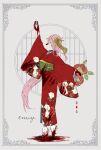  1girl arm_up blood blood_on_face enbizaka_no_shitateya_(vocaloid) floral_print flower full_body green_sash hair_flower hair_ornament hair_stick highres holding holding_scissors invisible japanese_clothes kimono kuiruri lattice long_hair megurine_luka pink_hair red_kimono sandals sash scissors shears socks solo sudou_kayo tabi tiptoes very_long_hair vocaloid white_socks 