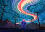  1other astronaut chromatic_aberration commentary_request halo halo_behind_head highres highway mountainous_horizon namiki_kazama original power_lines psychedelic road signature sky solo spacesuit star_(sky) starry_sky utility_pole water_tower wide_sleeves 