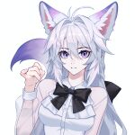  1girl animal_ears antenna_hair black_bow black_bowtie bow bowtie breasts extra_ears fox_ears fox_girl fox_tail hair_between_eyes hair_intakes hand_gesture highres kirby_d_a long_hair looking_at_viewer medium_breasts original portrait see-through shirt smile solo tail violet_eyes white_hair white_shirt white_tail 