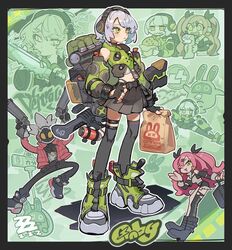  1girl bare_shoulders belt black_belt black_jacket black_skirt black_thighhighs brown_eyes crop_top detached_sleeves full_body green_jacket grey_hair head_tilt headphones highres holding jacket long_sleeves midriff miniskirt multicolored_clothes multicolored_jacket navel pleated_skirt scabbard sheath shirt shoes short_hair skirt solo standing stomach sword thigh-highs thigh_belt thigh_strap thighs two-tone_jacket ushinoki weapon white_shirt zenless_zone_zero 