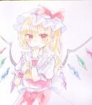  1girl ascot bat_wings blonde_hair crystal flandre_scarlet hat hat_ribbon hiyuu_(hiyualice) mob_cap multicolored_wings one_side_up puffy_short_sleeves puffy_sleeves red_eyes red_skirt red_vest ribbon short_sleeves side_ponytail skirt skirt_set solo touhou traditional_media upper_body vest white_hat wings yellow_ascot 