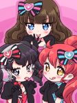  3girls ;p ;q black_bow black_gloves black_hair blue_eyes blush bow brown_hair claw_pose gaaruru_(pripara) gloves grey_eyes hair_bow hands_up headphones highres ikzw kurosu_aroma long_hair looking_at_viewer multiple_girls one_eye_closed own_hands_together pink_background ponytail pretty_series pripara puffy_short_sleeves puffy_sleeves redhead shiratama_mikan short_sleeves sidelocks smile tongue tongue_out twintails upper_body yellow_eyes 