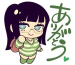  1girl bag blue_eyes blunt_bangs boots dress glasses green_footwear green_stripes jewelry line_sticker_available looking_to_the_side lowres necklace nico_robin one_piece one_piece:_strong_world ponytail shoulder_bag sidelocks smile solo striped_clothes striped_dress two-tone_dress white_stripes wl6yugi8go1 