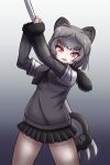  1girl absurdres animal_ears bear_ears bear_girl cardigan equalarrow extra_ears grey_background grey_hair grizzly_bear_(kemono_friends) highres kemono_friends looking_at_viewer necktie red_eyes scarf shirt short_hair simple_background skirt solo weapon 