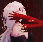 1girl acheron_(honkai:_star_rail) blood blood_from_eyes body_markings detached_sleeves flower glitch hand_up highres honkai:_star_rail honkai_(series) li_lll_il long_hair official_alternate_color official_alternate_hair_color rain red_eyes red_flower single_bare_shoulder solo white_hair wide-eyed 
